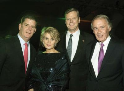 Mayor Marty Walsh; Anne Finucane, Dinner Honoree and Vice Chair of Bank of America; Governor Charlie Baker; US Senator Ed Markey. Bill Brett photo